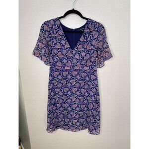Madewell Womens Floral Print‎ V-Neck Short Sleeve Dress Size 6 Navy Polyester